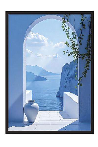 Postifull Black Framed Painting, Blue Door and Landscape, Photo, Blue Color Poster, 2025 Summer Selection, No:109708