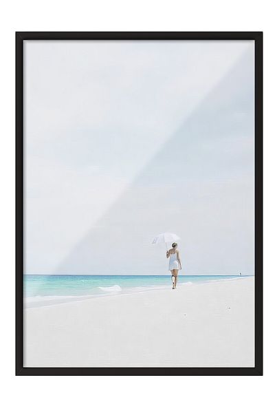 Postifull Black Framed Poster, Woman on the Beach, Illustration, Blue Color Poster, Summer Selection 2025, No:109682