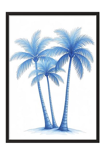 Postifull Black Framed Poster, Palm Trees, Illustration, Blue Color Poster, 2025 Summer Selection, No:10969