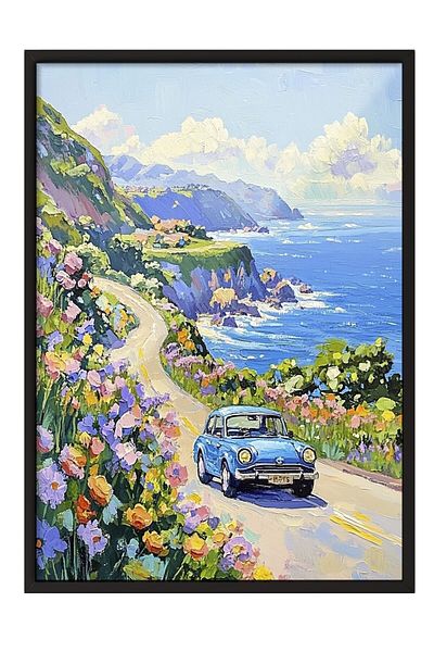 Postifull Pictură cu cadru negru, mașină, floare, drum, impresionant, albastru, poster de culoare în tonuri pastel, vara 2025