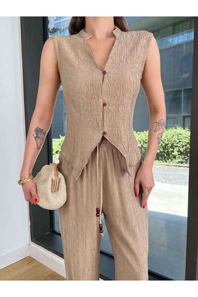 modaçelikler V-Neck Buttoned Blouse Wide Leg Waist Tied Pants Felina Mink Women's Set 25Y439