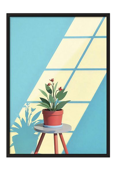 Postifull Black Framed Painting, Sun Reflection and Flower, Illustration, Blue Color Poster, 2025 Summer Selection, N