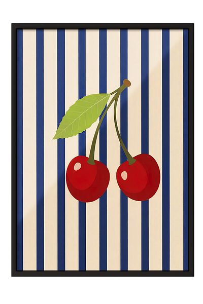 Postifull Black Framed Painting, Sweet Cherries, Illustration, Maximalist, Blue Color Poster, 2025 Summer Selection,