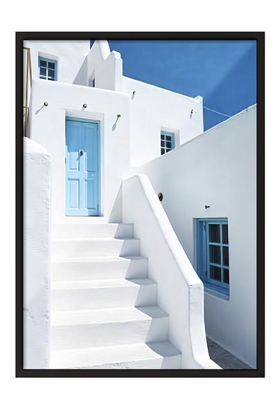 Postifull Black Framed Painting, Blue Door Stairs, Photo, Blue Color Poster, 2025 Summer Selection, No:109712