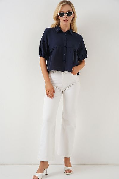 Bigdart Women's Short Sleeve Crop Shirt 20335 - Navy Blue