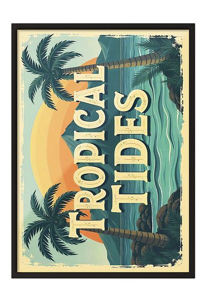 Postifull Tablou cu cadru negru, maree tropicale, ilustrație, maximalist, poster colorat, vara 2025 Se