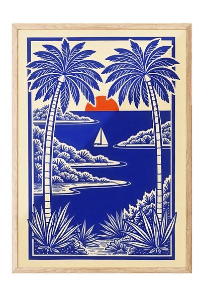 Postifull Wooden Framed Poster, Palm Trees and Sunset, Illustration, Blue Color Poster, 2025 Summer Choose
