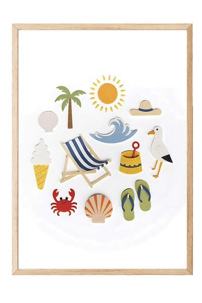 Postifull Wooden Framed Poster Painting, Beach Items, Illustration, Yellow Color Poster, 2025 Summer Selection, No:109