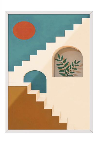Postifull White Framed Painting, Home Staircase, Illustration, Green Color Poster, 2025 Summer Selection, No:109727