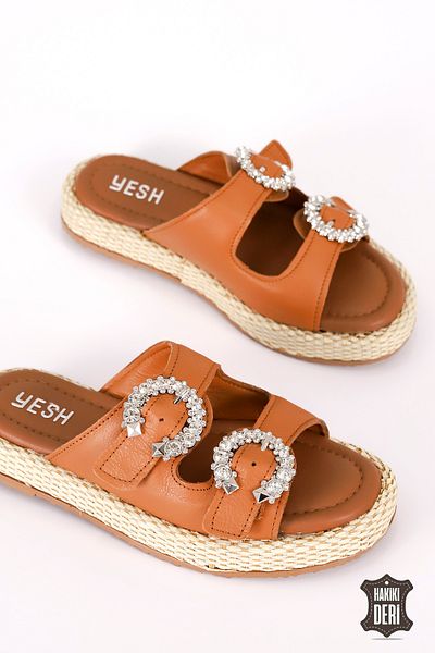 Mamito Ayakkabı H 01 Stone Detailed Straw Sole Slippers