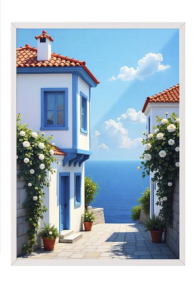 Postifull White Framed Painting, House with Sea View, Photo, Blue Color Poster, 2025 Summer Selection, No:109705