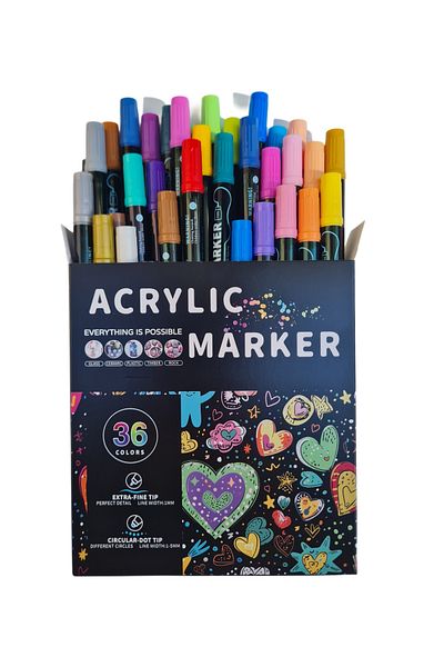 SYArts Water Based Double Tip Acrylic Paint Pen (Marker) Set 36 Colors - Acrylic Duo Marker