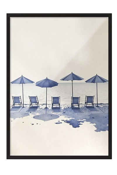 Postifull Black Framed Painting, Beach Chairs, Illustration, Blue Color Poster, 2025 Summer Selection, No:10975