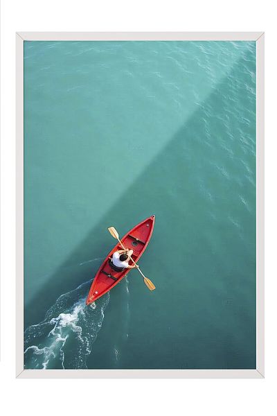 Postifull White Framed Painting, Red Boat, Photo, Blue Color Poster, 2025 Summer Selection, No:109720