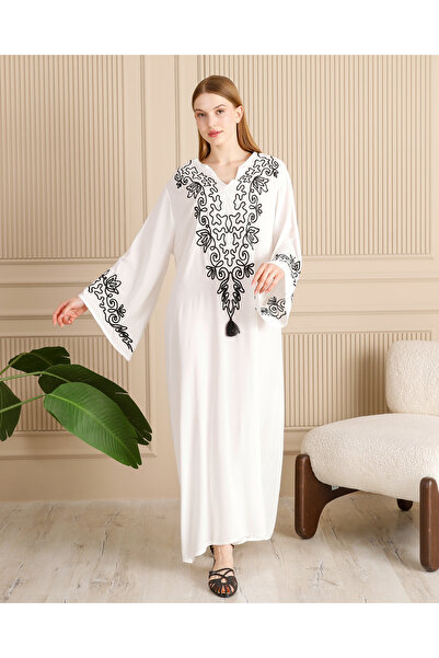 EL jadida Γυναικείο Κέντημα Μακρύ Φόρεμα Βισκόζης Λευκό