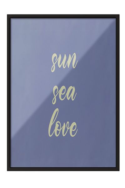 Postifull Black Framed Poster, Sun, Sea, Love, Text, Blue Color Poster, 2025 Summer Selection, No:109693