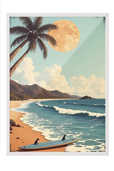 Postifull White Framed Painting, Seagulls on a Surfboard, Illustration, Maximalist, Blue Color Poster, 2025 Ya