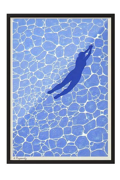 Postifull Black Framed Painting, Floating Woman Shadow, Illustration, Blue Color Poster, 2025 Summer Selection, No:109