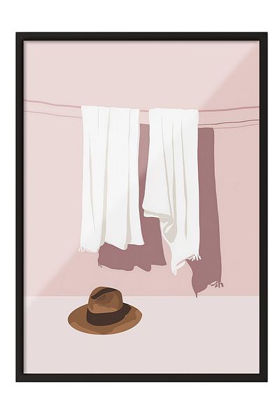 Postifull Black Framed Painting, Hat, Towel, Minimalist, Flat Illustration, Pastel Tones, White Color Poster,