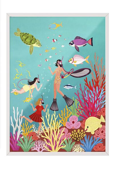 Postifull Pictură cu cadru alb, explorare pe mare, ilustrație, maximalist, poster colorat, selecție de vară 2025