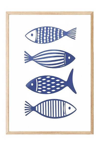 Postifull Wooden Framed Poster, Sea Fish, Illustration, Blue Color Poster, 2025 Summer Selection, No:109562