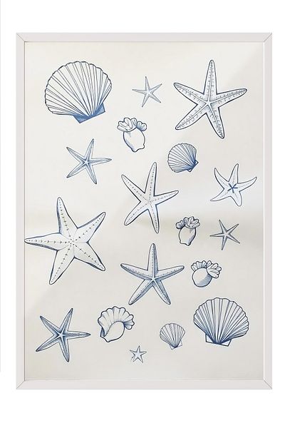 Postifull White Framed Poster, Seashells and Stars, Illustration, Blue Color Poster, 2025 Summer Solstice