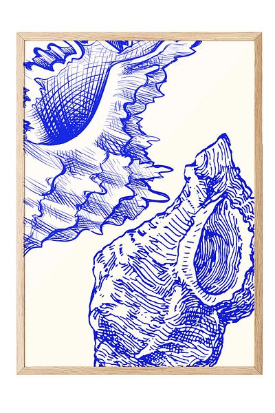 Postifull Wooden Framed Painting, Seashells, Illustration, Blue, White Color Poster, 2025 Summer Selection, No: