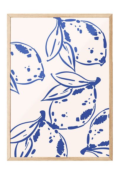 Postifull Wooden Framed Painting, Lemons, Leaves, Flat Illustration, Blue, Beige Color Poster, 2025 Summer Selection