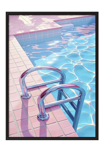 Postifull Black Framed Painting, Bright Pool, Illustration, Maximalist, Blue Color Poster, 2025 Summer Selection, N