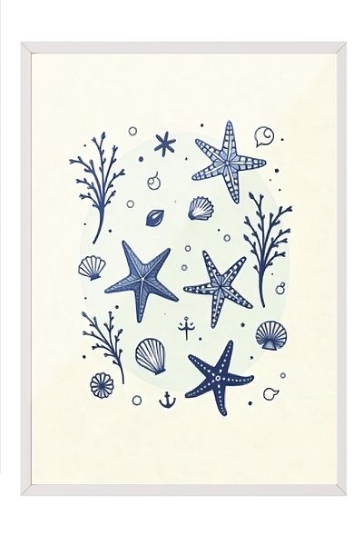 Postifull White Framed Poster, Seashell, Illustration, Blue Color Poster, 2025 Summer Selection, No:109553