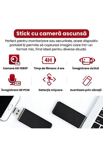 Spionescu Hidden camera stick, 1080P resolution, motion detection, 500 mAh battery, cyclic recording