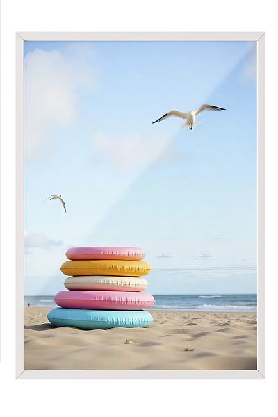 Postifull White Framed Poster, Swimming Ring on the Beach, Photo, Yellow Color Poster, 2025 Summer Selection, No:10969