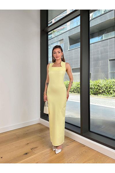 modaçelikler Square Neck Karalde Yellow Women's Long Dress 25Y440