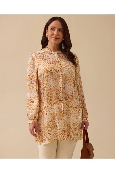Gala-Xi Plus Size Judge Collar Leopard Pattern Buttoned Tunic