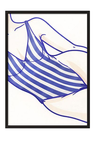 Postifull Pictură cu cadru negru, femeie în costum de baie, ilustrație, poster de culoare albastră, selecție de vară 2025, NR:109714