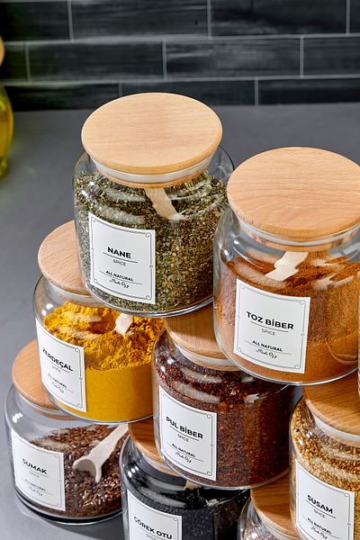 MODA OZY 500 ml 12 Jars with Wooden Lid and Label and 12 Mini Spice Spoons 24 Piece Spice Set