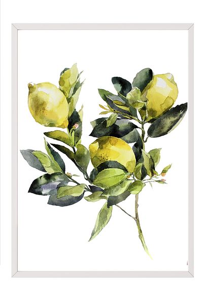 Postifull White Framed Painting, Lemons, Leaves, Watercolor, Green, Yellow Color Poster, Summer Selection of 2025, No: