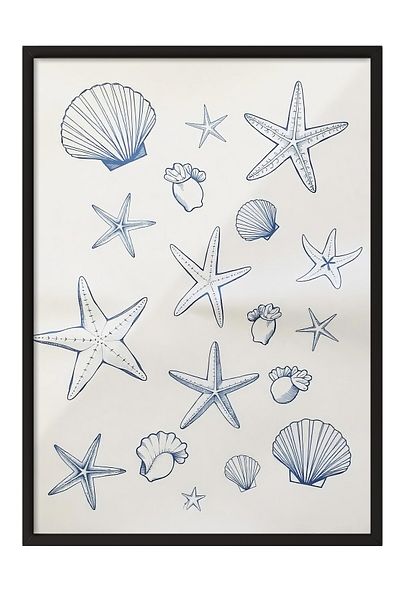 Postifull Black Framed Poster, Seashells and Stars, Illustration, Blue Color Poster, 2025 Summer Seck
