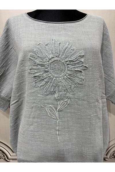 AGORATEKSTİL Women's Oversize Embossed Mesh 100% Linen Blouse