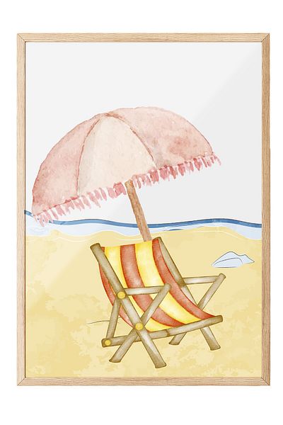 Postifull Wooden Framed Painting, Umbrella, Chair, Beach, Watercolor, Pastel Tones, Beige Color Poster, Summer 2025