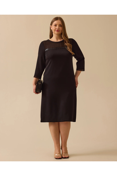 Gala-Xi Büyük Beden Pullu Transparan Detaylı Elbise