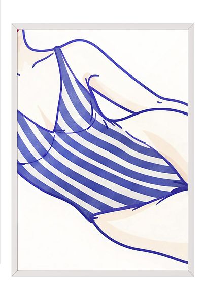Postifull Pictură în cadru alb, femeie în costum de baie, ilustrație, poster de culoare albastră, selecție de vară 2025, NR:109714