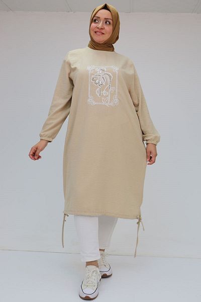 Eslina 58009 Large Size Linen Tunic with Embroidery and Beads on the Front - Beige