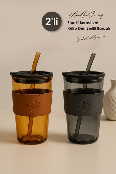 Anadolu Saray 2 Pieces of Heat Resistant Borosilicate Retro Leather Stripe Cups with Straws |   Coffee Presentation Cup