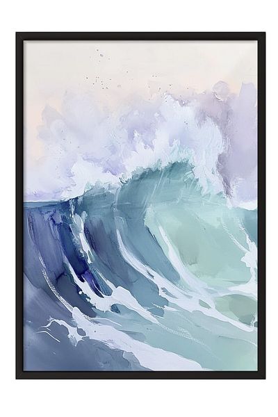 Postifull Pictură cu cadru negru, val, ocean, acuarelă, impresionist, albastru, poster de culoare în tonuri pastel, 2025