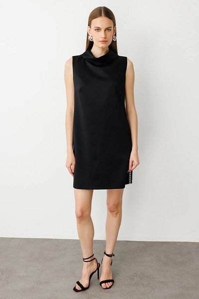 Ekol Women's Mini Dress with Stone Stripe Detail on the Sides 5098 Black