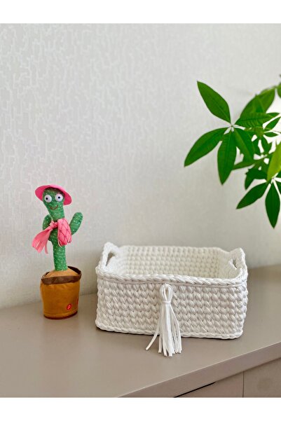 Ms Ahşap Tabanlı Kare Beyaz Örgü Sepet