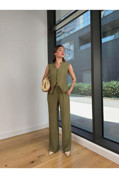 modaçelikler V-Neck Button Blouse Loose Leg Waist Tied Pants Felina Khaki Women's Set 25Y439