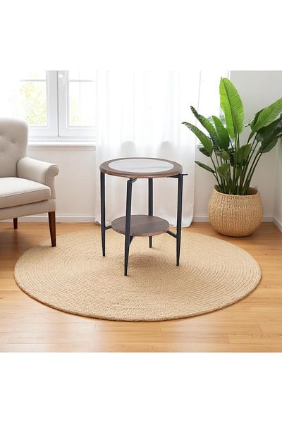 mr-everything A luxurious round serving table that combines the elegance of white and walnut wood with metal legs, ideal as a side piece.