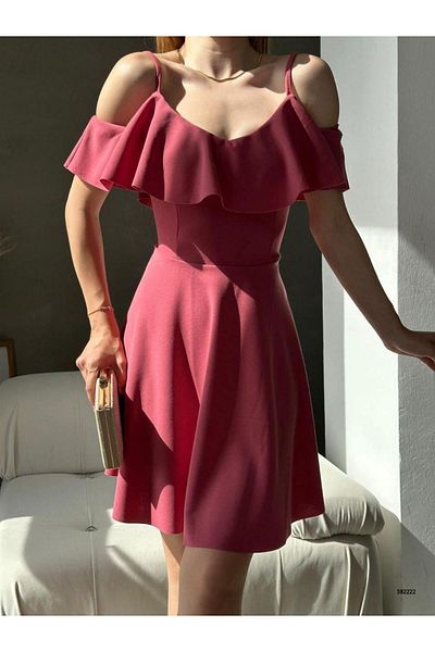 Modafeminen Strappy Ruffled Round Neck Imported Crepe Dress Dried Rose 582222